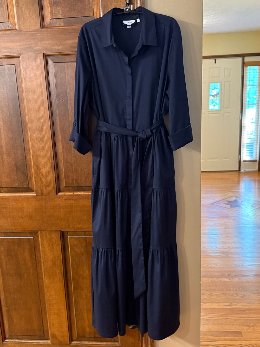 Waist-Tie Long Shirt Dress in Navy